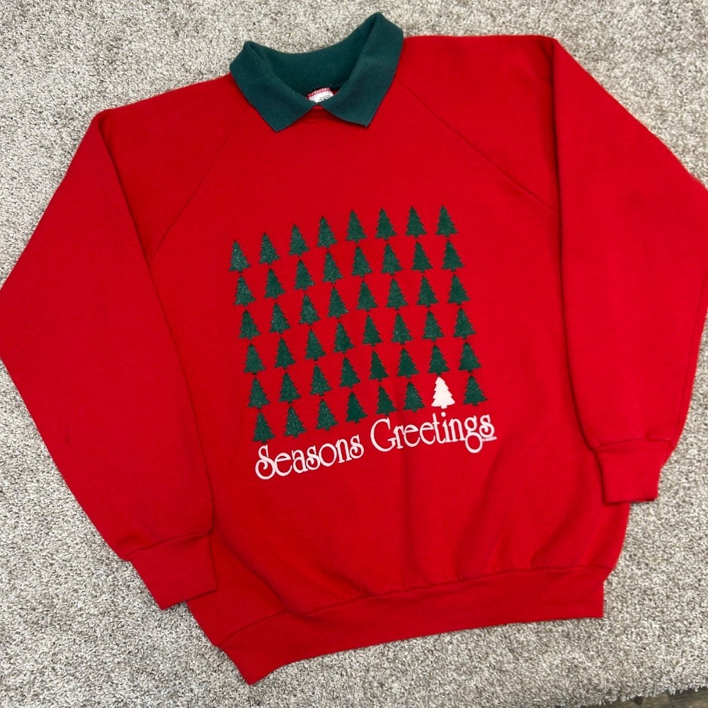 Vintage Seasons Greetings Collared Sweatshirt Women XL‎ USA Made Christmas Trees